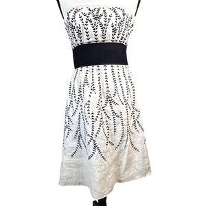 Ann Taylor Womens Dress Strapless White Embroidered Black Waist Linen Fairy